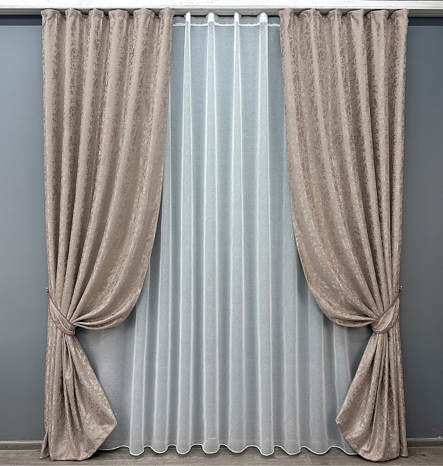 Комплект штор VR-Textil Лен Мрамор 150х270 2шт и Тюль 400х270 1715ш-1276т Светло-пудровый с белым 71-011/3 Киев - изображение 1
