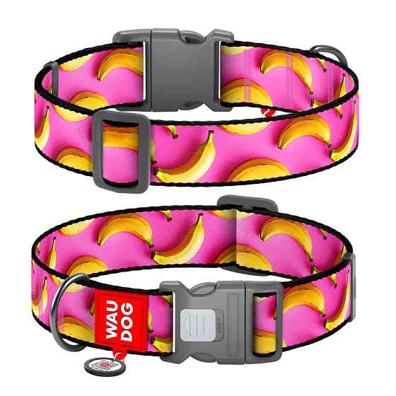 Нашийник для собак нейлоновий WAUDOG Nylon з QR паспортом, малюнок "Банани на рожевому", пласти Коломыя