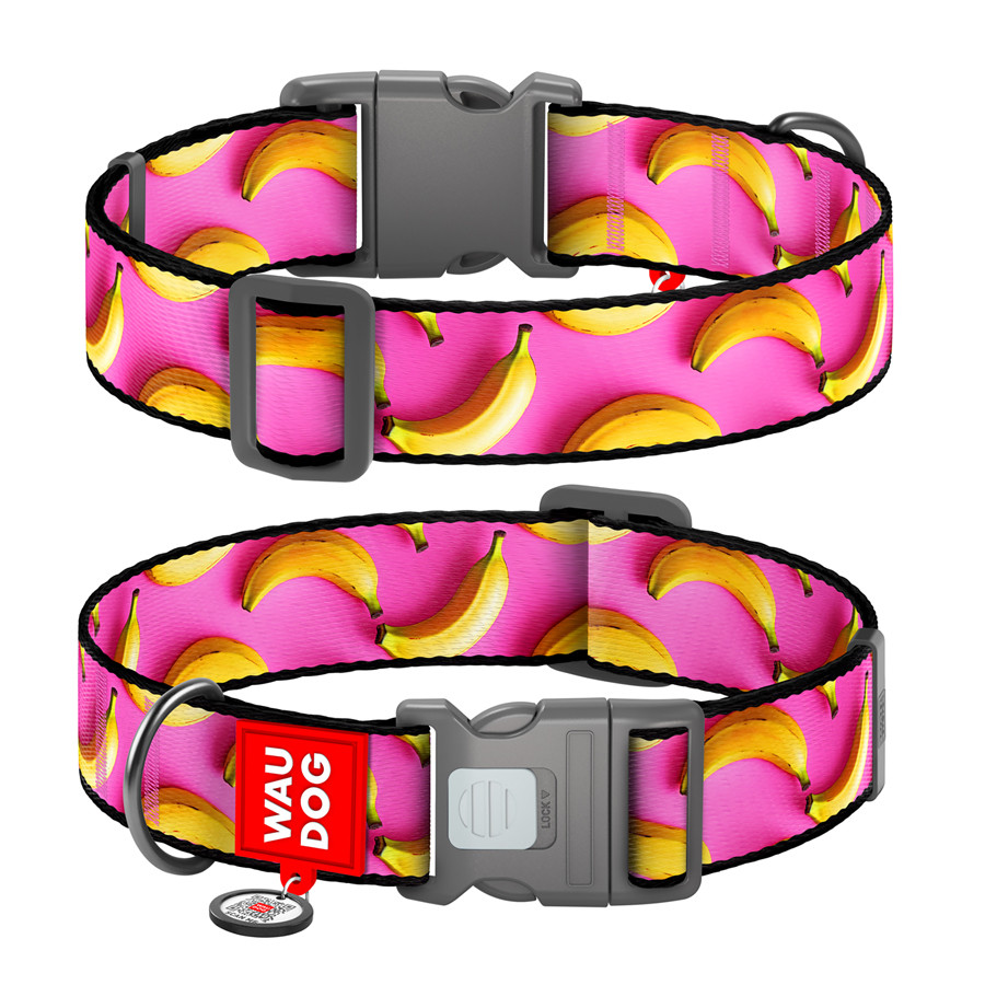 Нашийник для собак нейлоновий WAUDOG Nylon з QR паспортом, малюнок "Банани на рожевому", пласти Коломыя - изображение 1