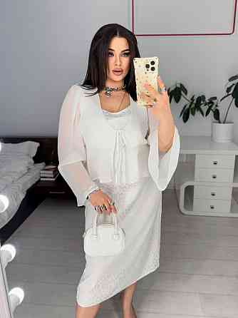 Жіноче базове шовкове плаття та шифонове блуза-плаття-плотний шовк + шифонова кофтинка Молочний, 54/56 Одеса