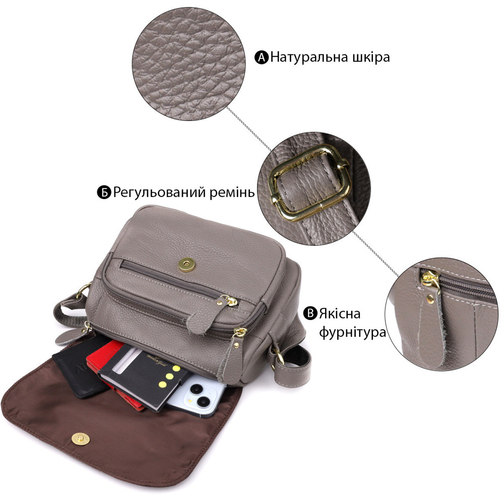 Сумка из натуральной кожи для стильных женщин Vintage 22974 Серый Киев - изображение 4