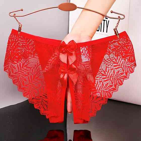 Еротичні трусики червоні жіночі з розрізом і бантиками - розмір 42-46, резинка до 82см Київ