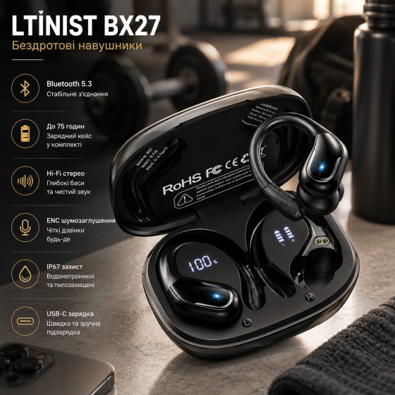 Беспроводные наушники Ltinist BX27, Bluetooth 5.3, до 75 часов работы, Hi-Fi стерео, ENC, IP67, USB-C, крючки для спорта Киев
