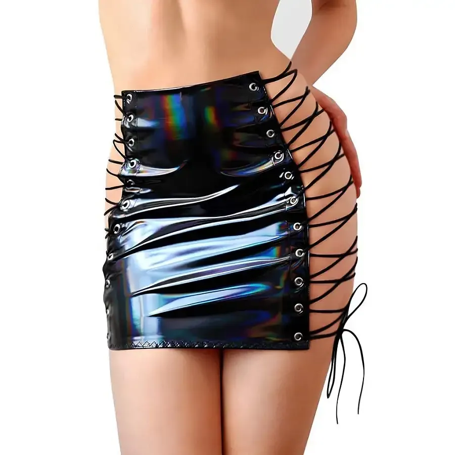 Лакована спідниця на шнурівці Art of Sex - Molly, колір чорний з ефектом голограми, XS-M Львів - фото 1