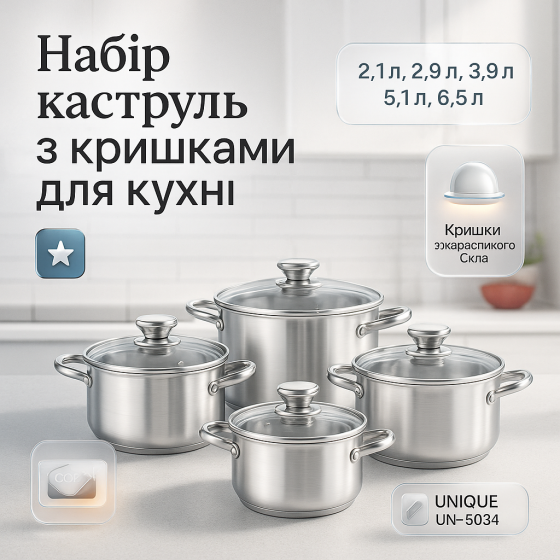 Фирменные наборы кастрюль UNIQUE, Кастрюли из нержавеющей стали для газовых плит, Набор посуды кастрюли VC-22 Львов