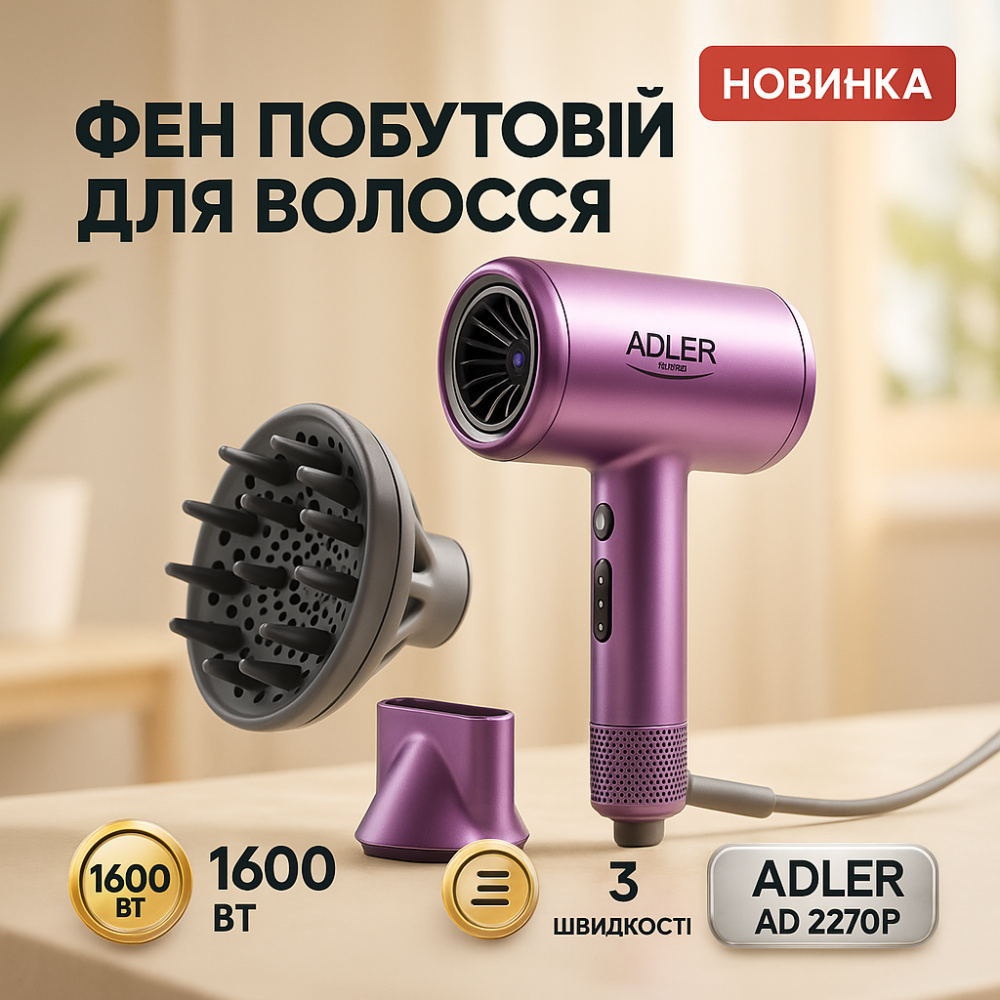 Фен с режимом регулировки температуры ADLER, Мощный фен для быстрой сушки, Фены для сушки волос PL-16 Львов - изображение 9