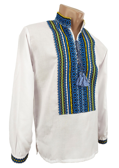 Украинская мужская вышиванка белого цвета с тканой нашивкой. Киев - изображение 2