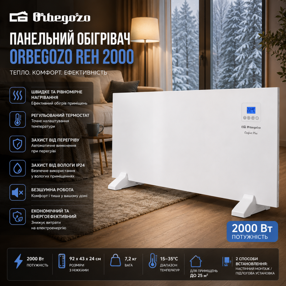 Уцінка Панельний обігрівач Orbegozo REH 2000 2000 Вт електричний радіатор настінний/підлоговий Київ - фото 3