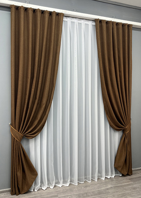 Комплект готовых штор VR-Textil Лен Мешковина № 1922ш Коричневый 150х270 см 2 шт (33-0988) Киев - изображение 3