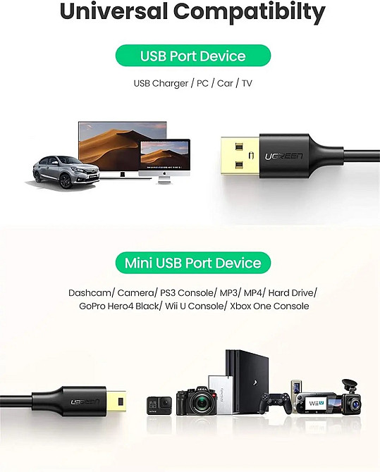 Кабель UGREEN USB 2.0 A Male to Mini 5 Pin Male Cable 2m (Black) Киев - изображение 5