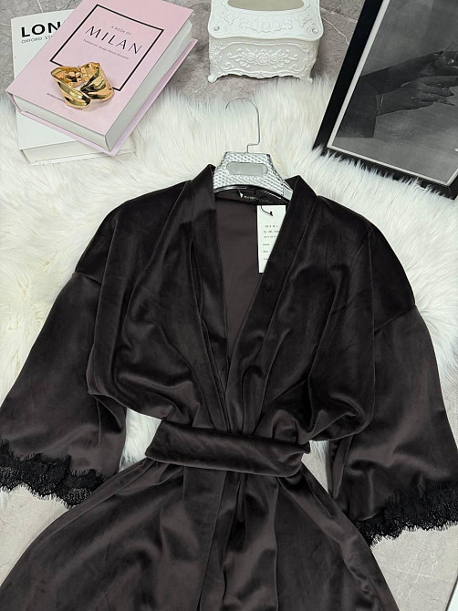 Женский домашний халат на запах велюр с кружевом Шоколад, 48/52 Одесса - изображение 3