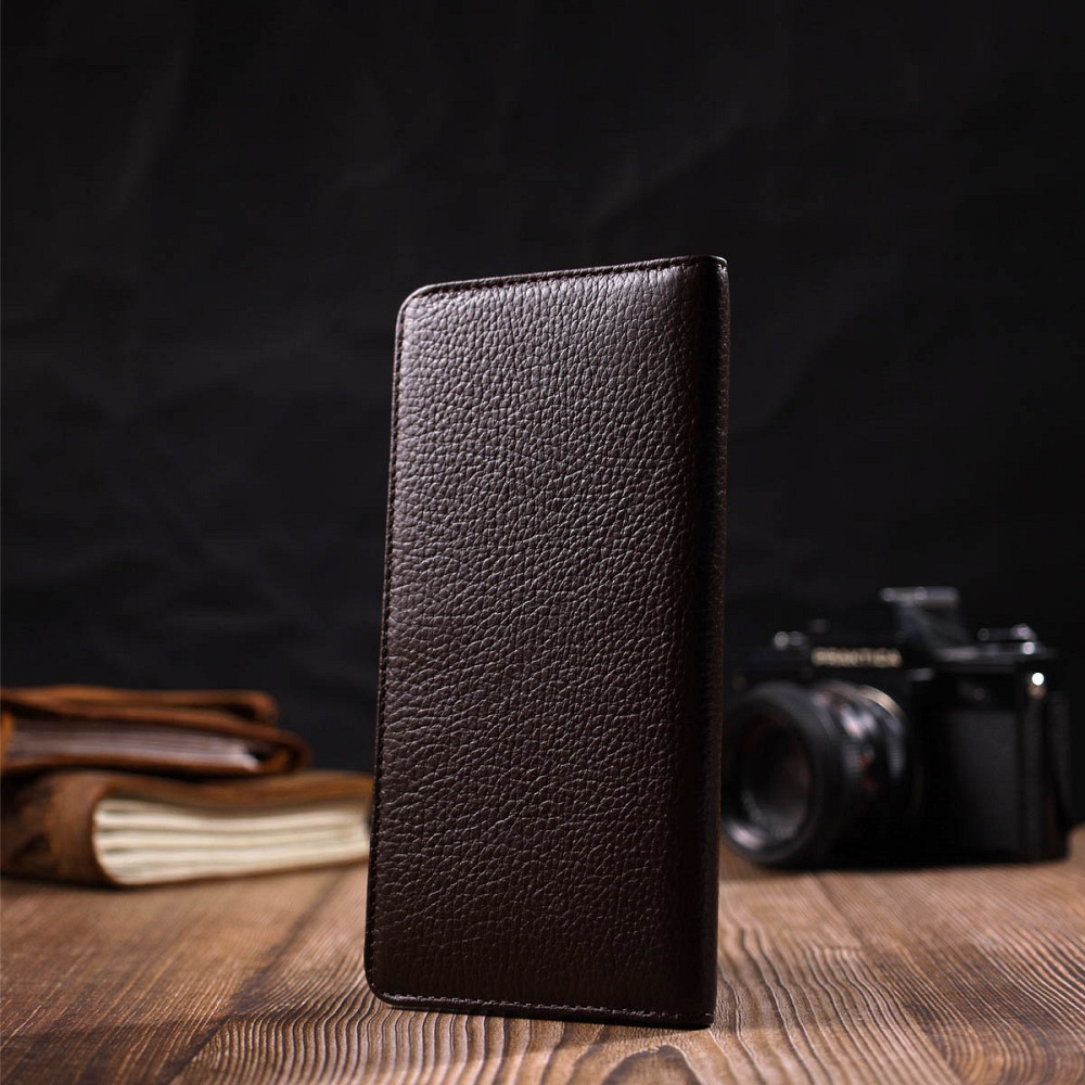 Вертикальний вузький чоловічий гаманець із натуральної зернистої шкіри BOND 22052 Коричневий Київ - фото 10