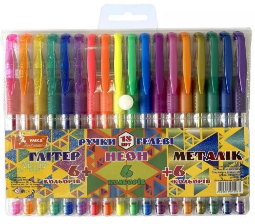 Набір гелевих ручок "Умка" 6+6+6 кол ГР53 прогум. грип, Glitter+Neon+Metallic, шт Київ - фото 1