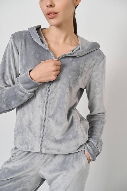 Женский велюровий костюм на змейке с капюшоном Серый L Харьков - изображение 5