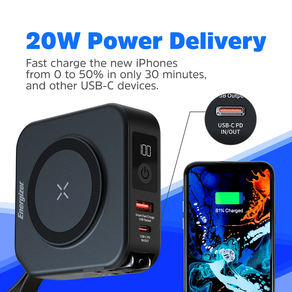 УМБ Energizer Magnetic Wireless 10000mAh 20W PD,AC зарядка,QI-15W, built-in USB-C,USB-А,USB-C In/Out Вінниця - фото 3
