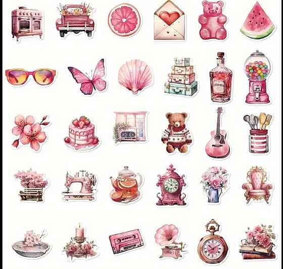 Набор розовых винтажных наклеек 60 шт – декоративные стикеры Киев