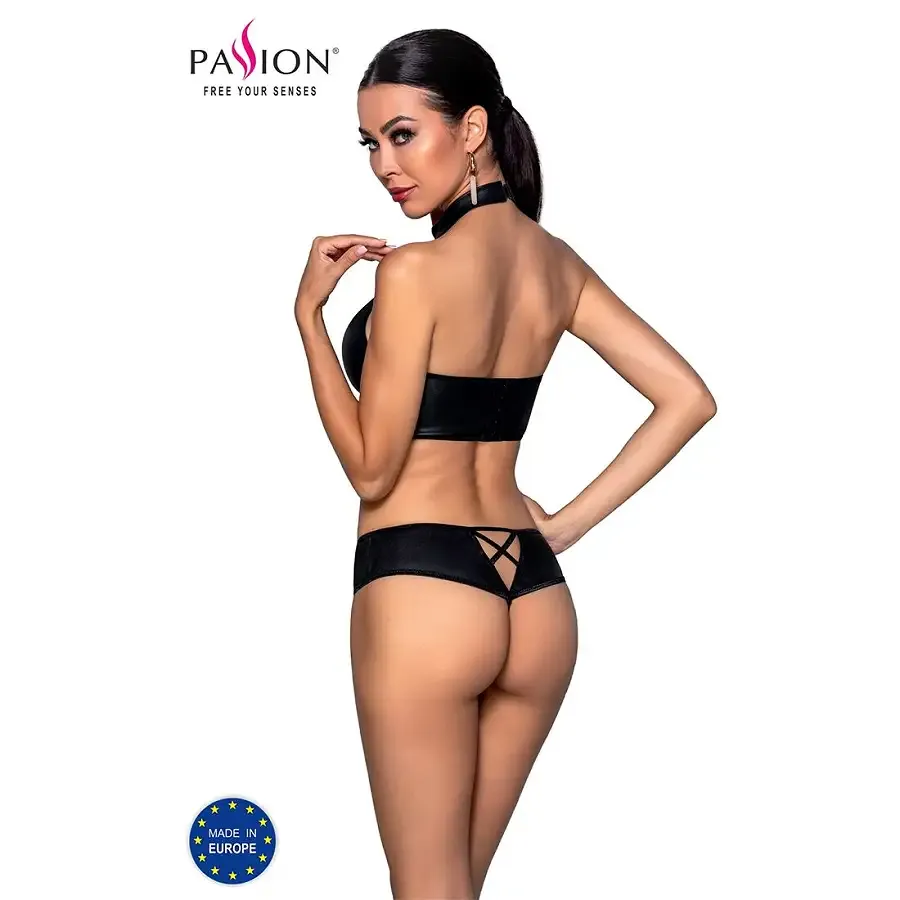 Комплект з еко-шкіри Passion NANACY BIKINI L/XL, black, бра та трусики з імітацією шнурівки Львів - фото 2