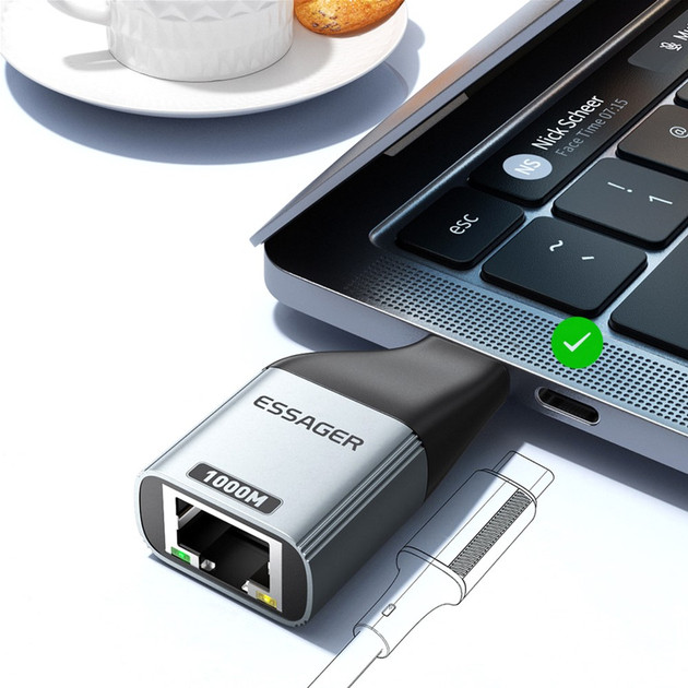 Адаптер Essager Type-C to RJ-45 1000 Mbit сірий для ноутбука і телефона, перехідник Тайп-С на мережевий кабель Ethernet LAN (EZJRJK-MJ0G-P) Миколаїв - фото 4