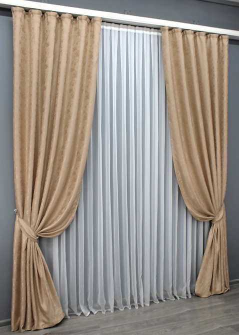 Комплект готовых штор VR-Textil Жаккард Мрамор Al1 № 438ш Темно бежевый 100х290 см 2 шт (31-152) Киев - изображение 10