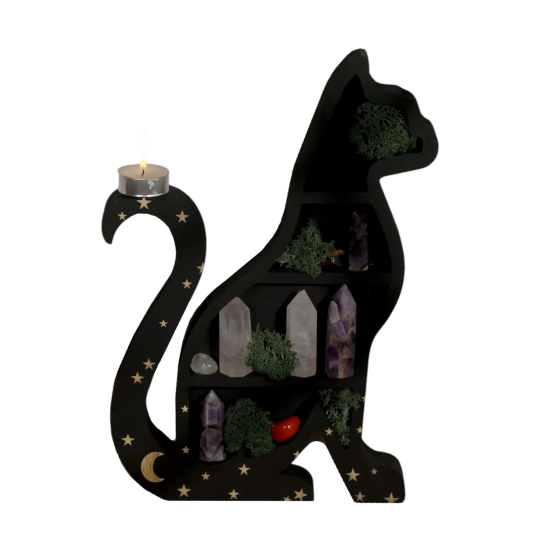 Полка настенная из дерева Кошка, полка деревянная для для украшений, черная со звездами, в размере 35×23см Каменец-Подольский
