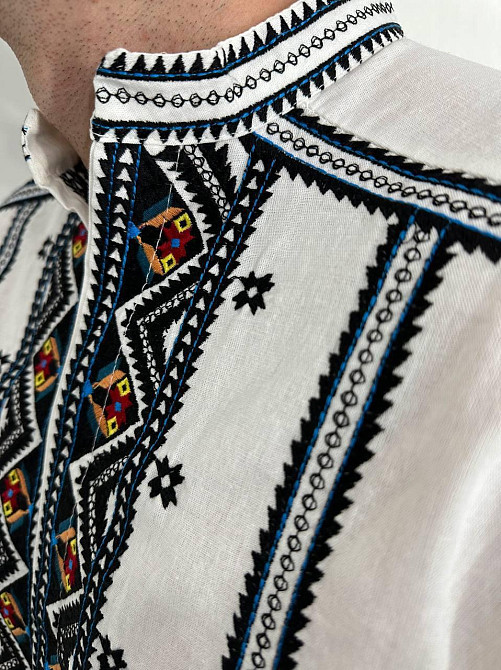 Мужская традиционная вышиванка в геометрическом стиле домотканый лен 52 Одесса - изображение 3