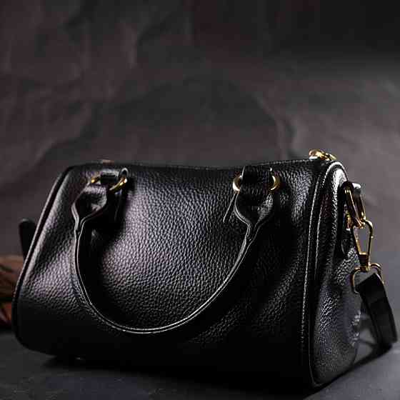 Елегантна жіноча сумка бочонок з двома ручками з натуральної шкіри Vintage 22353 Чорна Київ