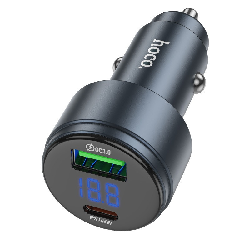 Автомобільний зарядний пристрій HOCO Z57B Glorious 63W dual-port digital display PD45W+QC3.0 car charger Metal Gray Київ - фото 3