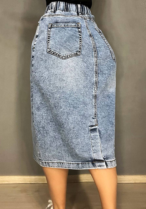 Юбка женская джинсовая ZJY 67501 талия на резинке со шнурком ниже колена разрез сзади голубая, голубой, 44, 42, 110 см, 134 см Киев - изображение 15