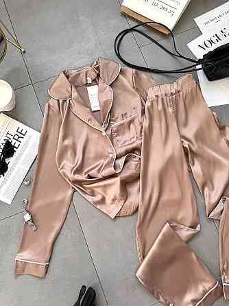 Жіноча легка піжама-двійка: сорочка та штани шовк Бежевий, 42/44 Одеса