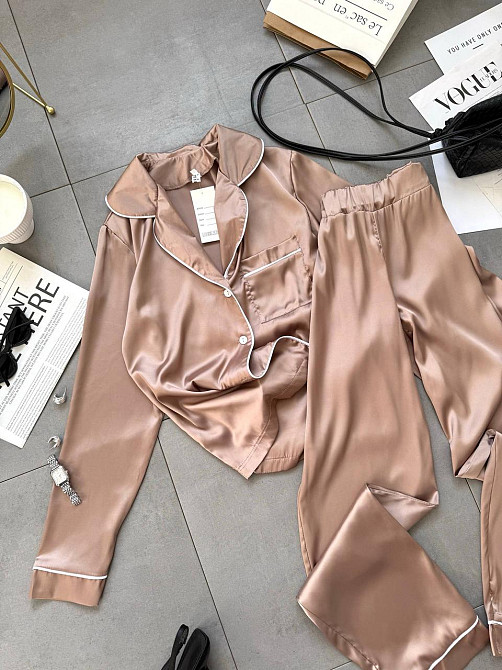 Жіноча легка піжама-двійка: сорочка та штани шовк Бежевий, 42/44 Одеса - фото 3