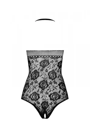 Бодістокінг з імітацією корсетної шнурівки Passion BS094 One Size, black, квітковий візерунок, з дос Львів