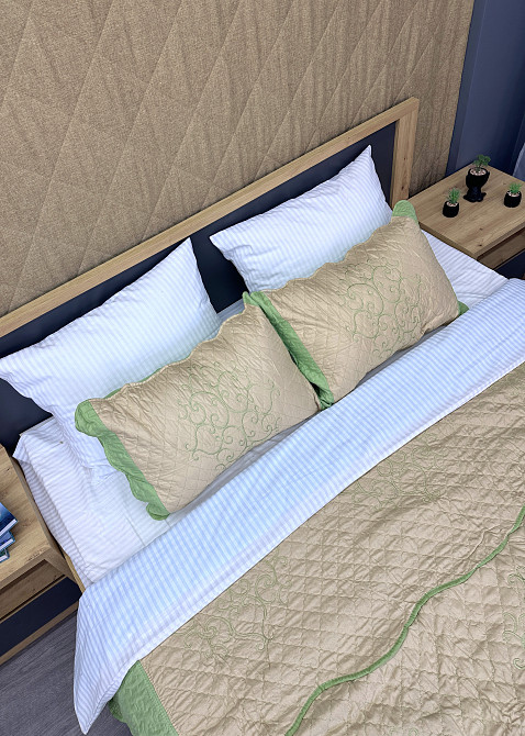 Покривало стьобане з наволочками Expo Trade ромб 220x220 (+-10 см) бежевий з салатовим (85-162) Київ - фото 8