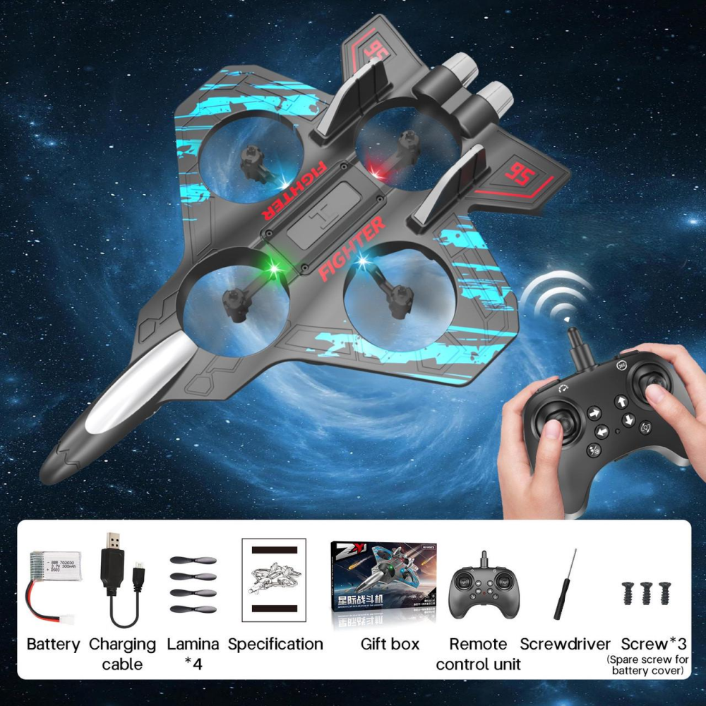 Літак-винищувач на радіокеруванні квадрокоптер USB, 100 м, 360°, LED, пульт, чорно-синій Київ - фото 3