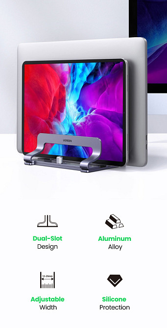 Вертикальна настільна підставка для ноутбуків і планшетів Ugreen з подвійним слотом 60643 LP258 (Срібляста) Николаев - изображение 7
