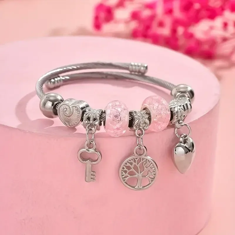 Браслет с розовыми бусинами и шармами — дерево жизни, сердце и ключ Киев - изображение 2