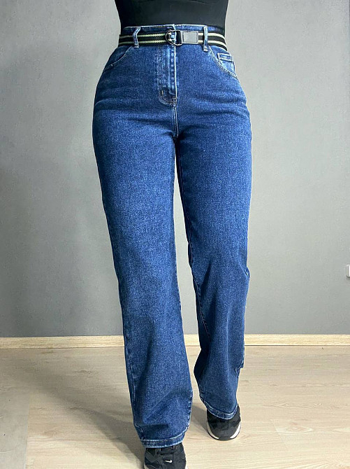 Джинси жіночі Derun 8200 палаццо рівні талія на резинці з ременем сині, синій, З6, 36, 99 см, 124 см Київ - фото 15