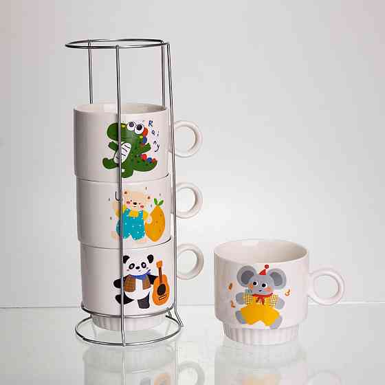 Набір порцелянових чашок для дітей на металевій підставці Animals 4 (шт) по 300 (мл) подарунковий набір чашок FM-8 Коломия