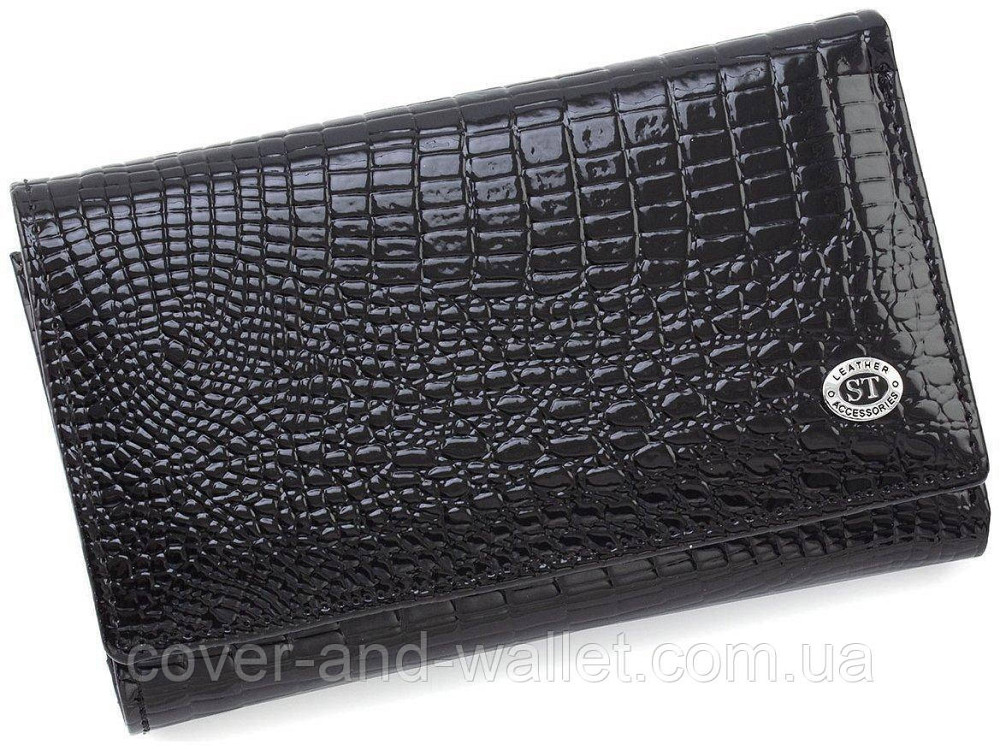 Бордовый лаковый женский кошелёк из натуральной кожи среднего размера ST AE 021 Черный Киев - изображение 1