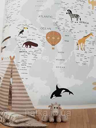 Фотообои бесшовные флизелиновые экологически чистые Aircraft map детские карта мира с животными самолетами Киев