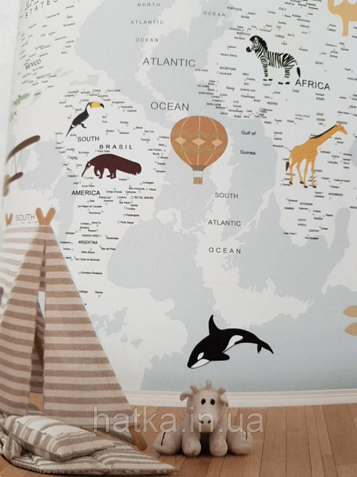 Фотошпалери безшовні флізелінові екологічно чисті Aircraft map дитячі карта світу з тваринами літаками Київ - фото 2