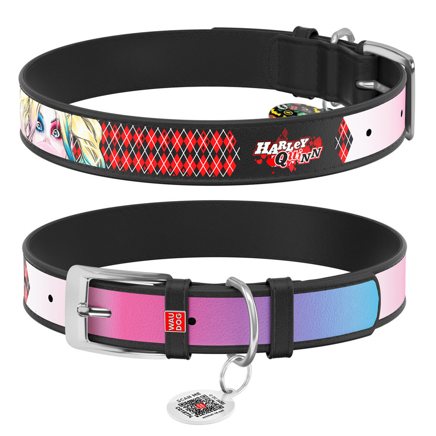 Нашийник для собак шкіряний WAUDOG Design з QR-паспортом, малюнок "Харлі Квінн", Ш 15 мм, Д 26-35 см чорний Вінниця - фото 1