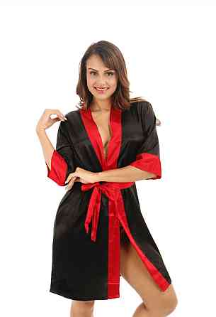 Жіночий атласний халат під пояс довжина 90см із червоними манжетами Чорний M/L Харків