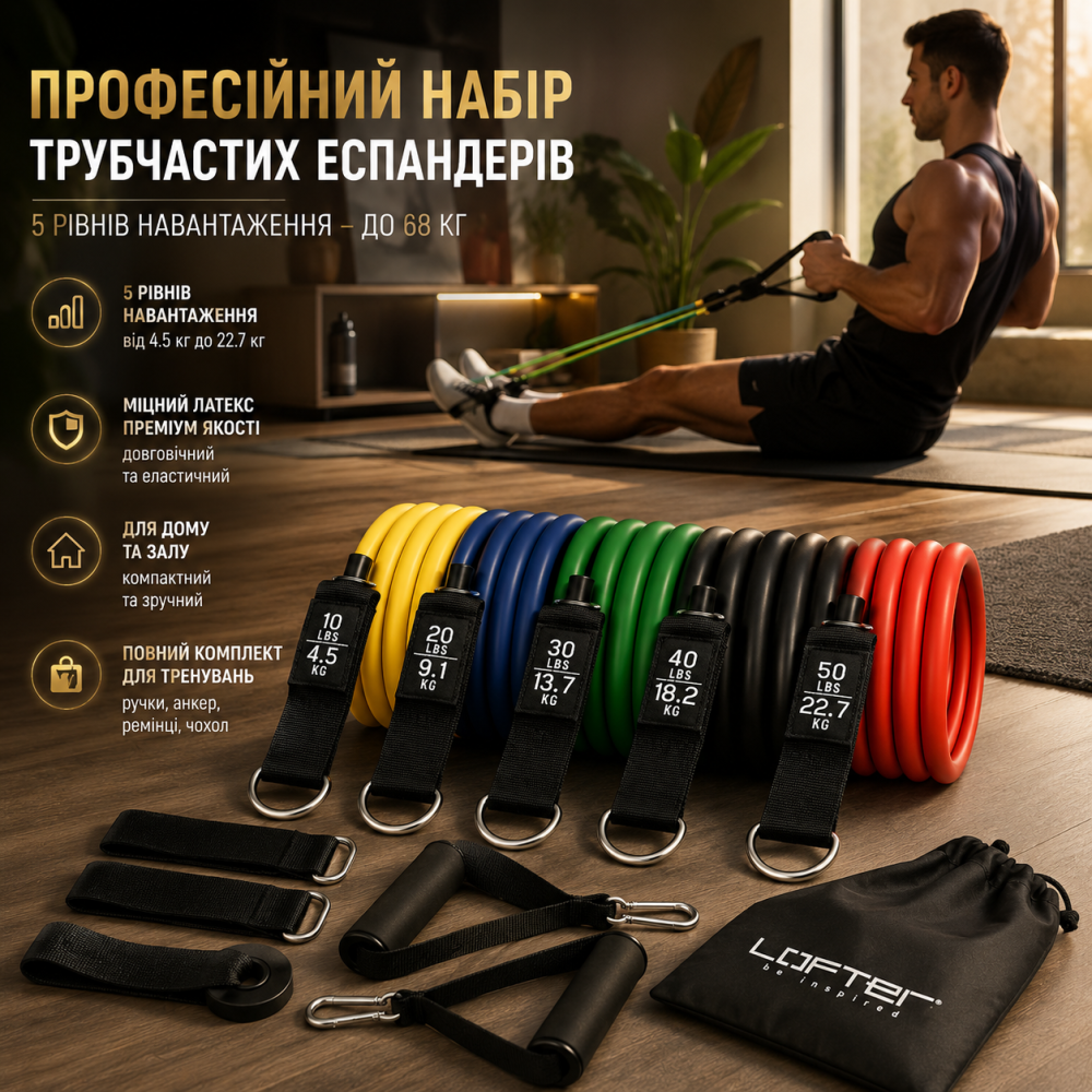 Професійний набір трубчастих еспандерів (5 рівнів, до 68 кг): Фітнес-набір з ручками, анкером та чохлом для дому та залу Київ - фото 11