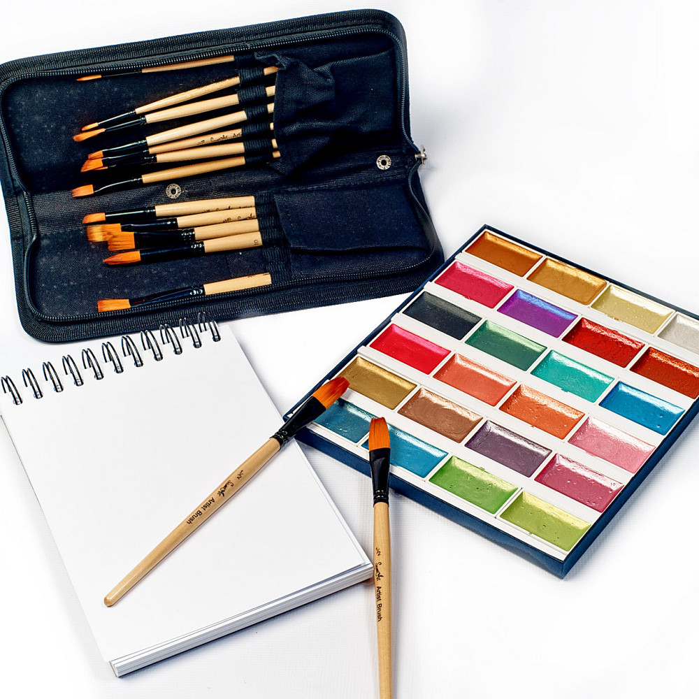 Акція! Набір акварельних фарб з перламутровим ефектом + Набір пензликів 14 шт + Скетчбук для малювання Кам'янець-Подільський - фото 2