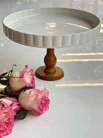 Тортівниця підставка для торта на ніжці «White kitchen» 27*16 см кераміка+дерево 8030-324 Київ