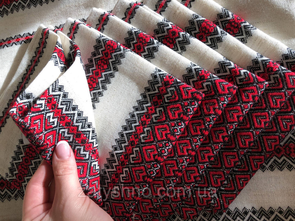 Червона вишита скатертина на льону з серветками. Київ - фото 1