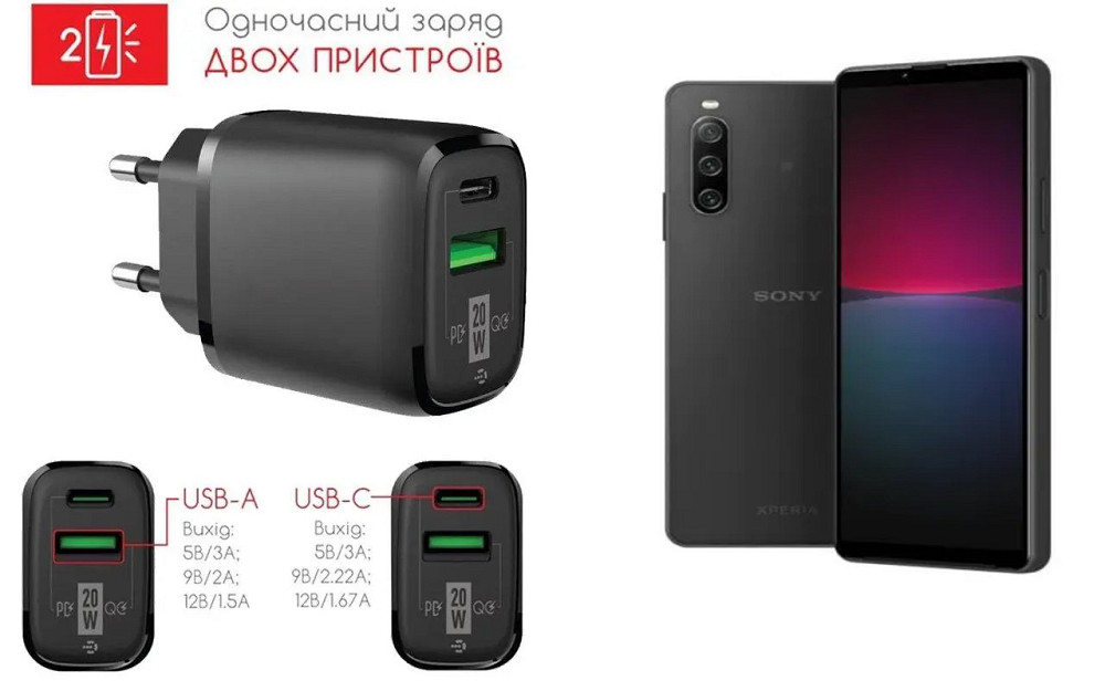Сетевое зарядное устройство для Sony Xperia 10 IV, 20W 3A, Quick Charge 3.0 Киев - изображение 1