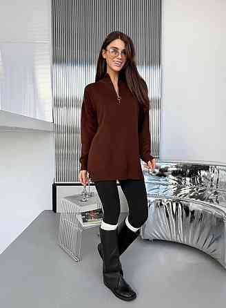 Жіночий стильний подовжений оверсайз светр зі змійкою в'язання 50% котон/50% акрил Шоколад Одеса