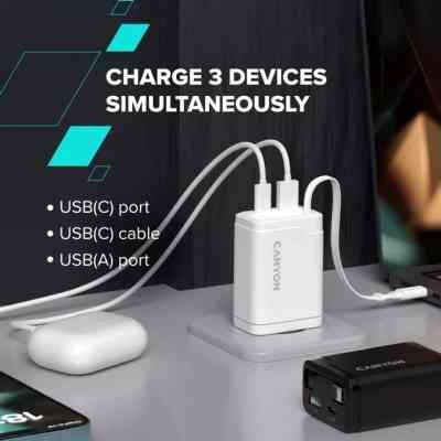 Зарядное устройство Canyon 1xUSB-C PD65W + 1xUSB QC3.0 + cable USB-C to USB-C white (CNS-CURC65ACW) Винница