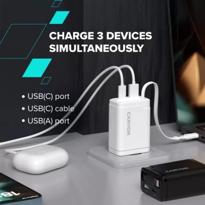 Зарядное устройство Canyon 1xUSB-C PD65W + 1xUSB QC3.0 + cable USB-C to USB-C white (CNS-CURC65ACW) Винница - изображение 4